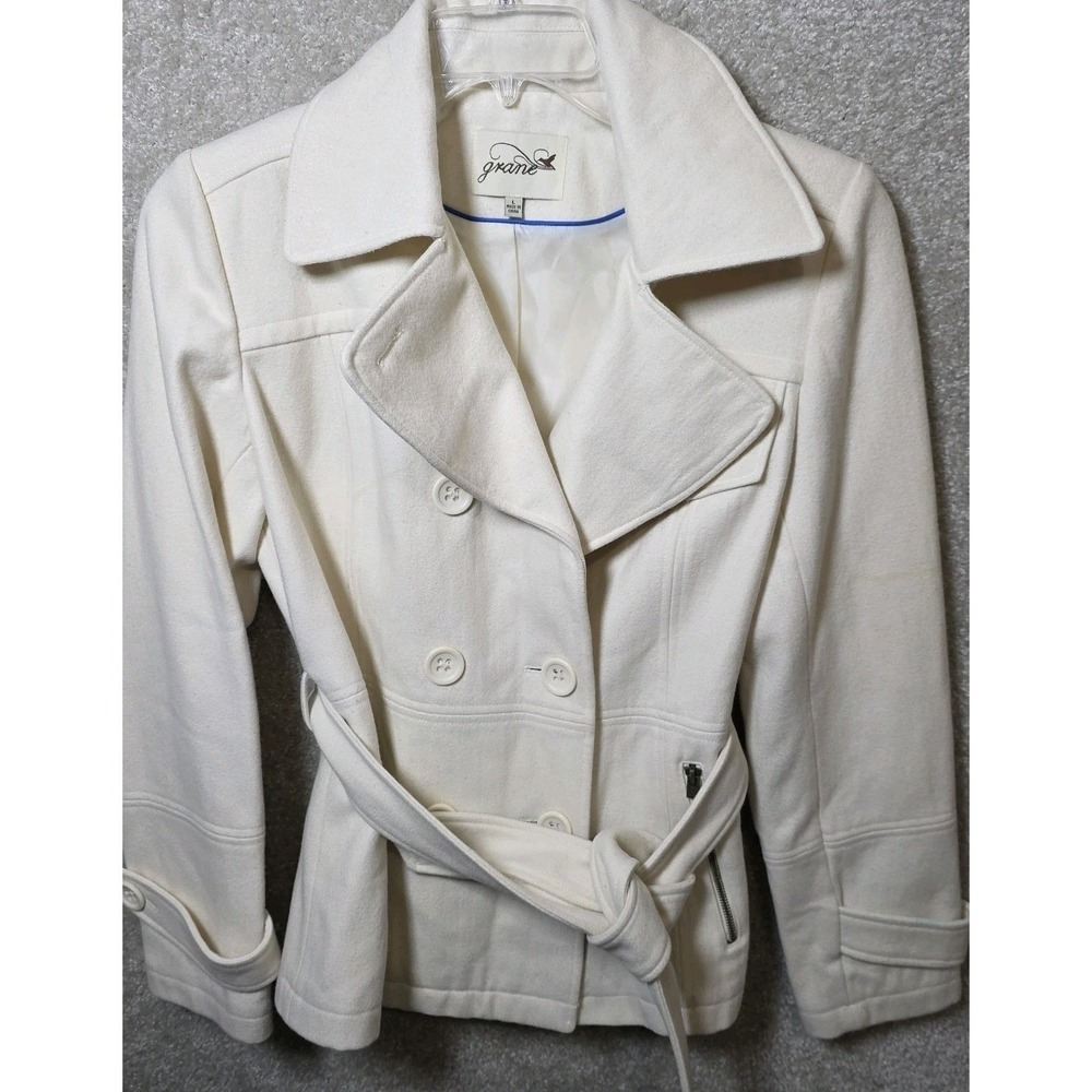 Grane Pea Coat Women Large Off-White Wool Blend Belted Double Breasted Jacket